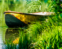 On the Zuider See, this boat rests nestled in the shoreline grasses, its service over for another day and its evening repose pleasantly ahead.